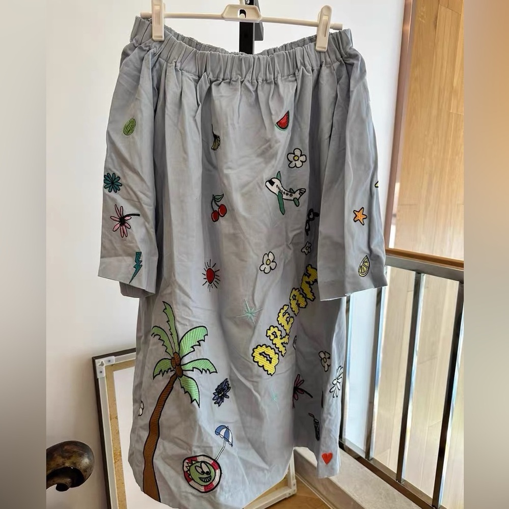 Mira Mikati Light Gray Maxi Skirt with Vibrant Embroidery